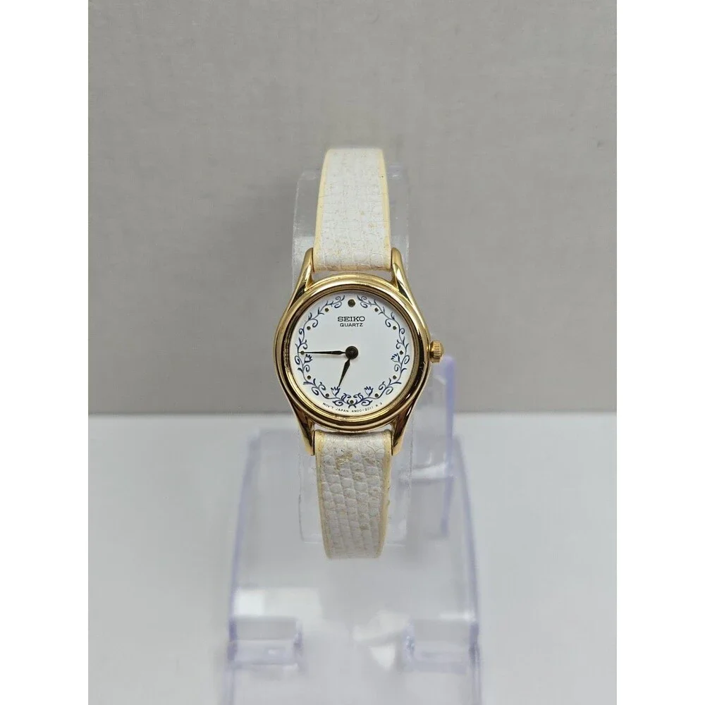 Vintage Seiko Classic Womens Blue Floral Dial Gold Tone Quartz Watch New Battery